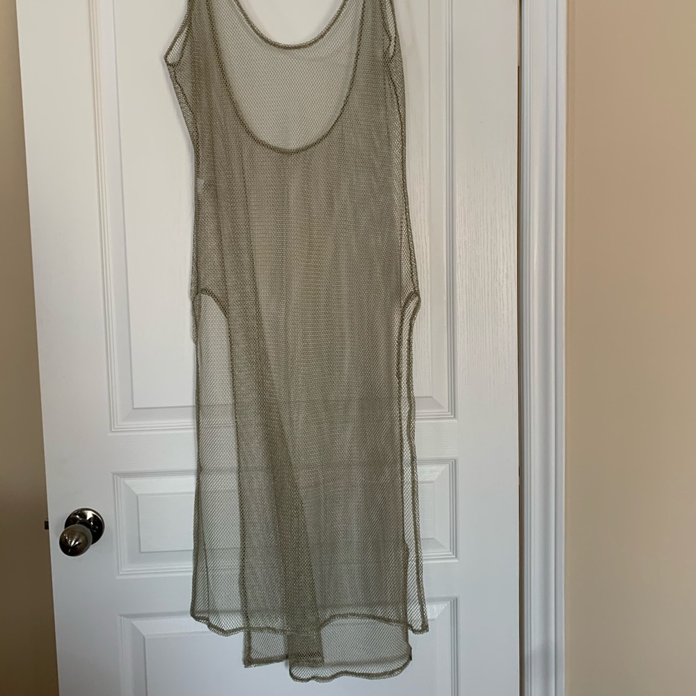 Gold metallic mesh tunic see through cover up dress in metallic gold